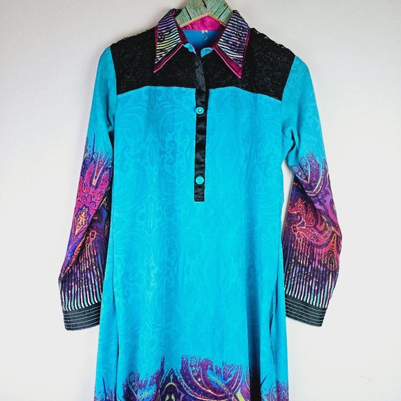 Vintage Pakistani Dress Top, Kameez, Side Splits w/ Lace & Silk Fabric, Size 40 - Picture 3 of 12